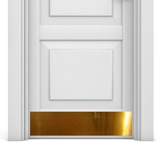 an open door with a gold handle on the top and bottom panel, in front of a white wall