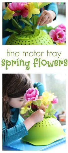 Fine Motor tray: spring flowers: an  Easy toddler activity Easy Toddler Activities, Preschool Fine Motor, Motor Skills Activities, Toddler Snacks, Spring Theme, Preschool Lessons, Spring Activities, Toddler Learning Activities