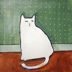 a painting of a white cat sitting on top of a wooden floor next to a green wall