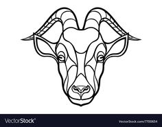 the head of an animal with horns in black and white outline on a white background