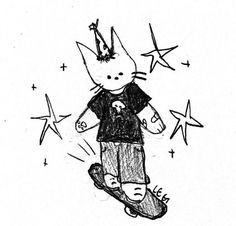 a black and white drawing of a cat on a skateboard with stars in the background