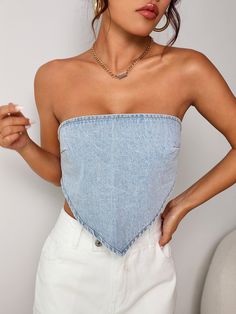 Hanky Hem Denim Tube Top Light Wash Sexy  Sleeveless Denim Plain Top Non-Stretch  Women Clothing, size features are:Bust: ,Length: ,Sleeve Length: Diy Denim Top, Denim Tube Top, Tube Top Outfits, Light Blue Crop Top, Crop Top Summer, Top Summer Outfits, Denim Tank Top, Strapless Crop Top, Denim Crop Top