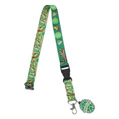 a green lanyard strap with an image of a turtle and turtles on the front