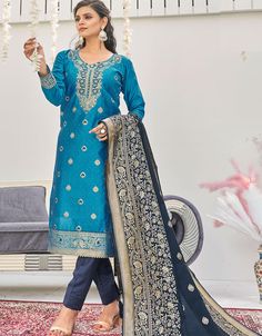 Banarasi Jacquard Firozi Salwar Kameez Suit Pant Bottom Banarasi Dupatta Suits, Blue Banarasi Dupatta, Different Sleeves Style, Women Salwar Suit, Salwar Dress, Kurta Dress, Silk Bottoms, Lehenga Collection, Ethnic Looks