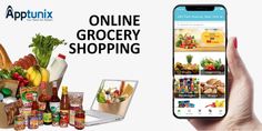 a person holding up a cell phone with grocery shopping on the screen and an image of groceries