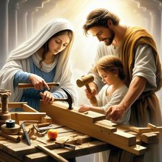 a painting of jesus and two children working on a piece of wood with a hammer