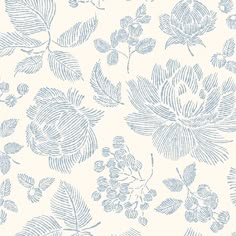 a blue and white floral wallpaper with leaves