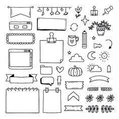 a set of hand drawn doodles with various items for decoration, such as flowers and leaves