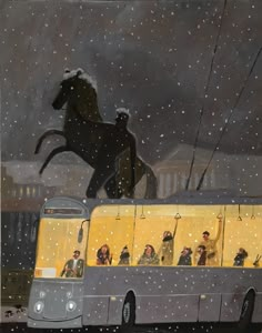 a painting of people riding on the back of a bus in front of a horse