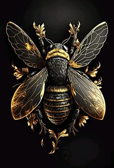 a gold and black bee on a black background