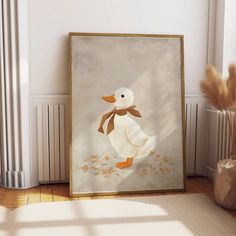 a white duck with a brown scarf is standing in front of a painting on the wall