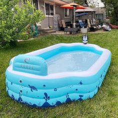 an inflatable swimming pool on the lawn