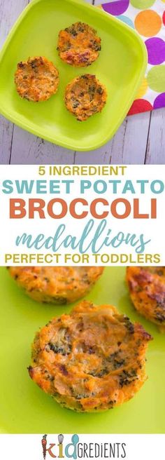 three sweet potato broccoli muffins on a green plate with the title text overlay