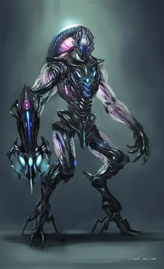 an alien creature with glowing eyes and large claws, standing in front of a dark background