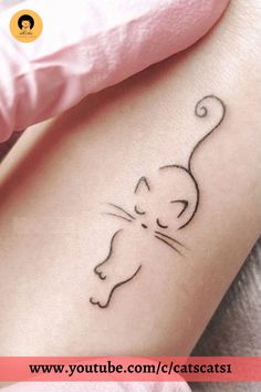 a small cat tattoo on the left thigh and right leg, with a black outline