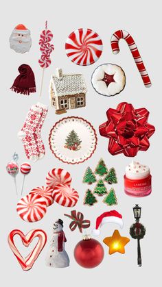 many different types of christmas decorations and candy canes on a white background, including gingerbread cookies