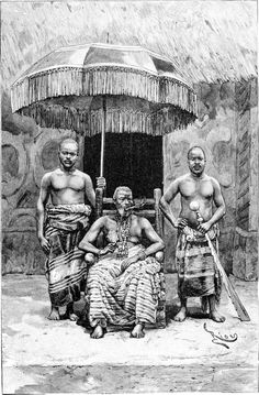 three african men standing in front of a hut with an umbrella over their heads and two women sitting on the ground