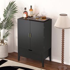 a black cabinet sitting next to a lamp on top of a hard wood floor near a potted plant