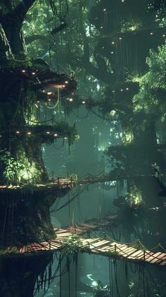 a forest filled with lots of trees and suspended lights