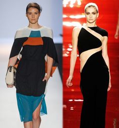 two different dresses on the runway and one is in black, white, and orange