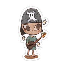 a cartoon girl with a guitar and skull on her head, wearing a pirate hat