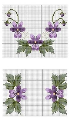 two cross stitch designs with purple flowers on the bottom and green leaves on the top