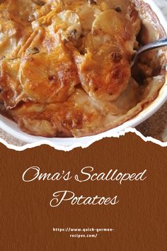 an image of a casserole with potatoes on the side and text overlay that reads, una's scalloped potatoes