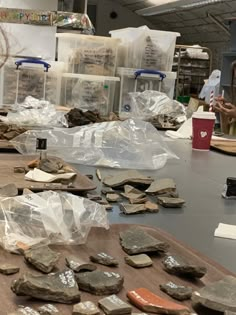 some rocks are laying on a table with plastic bags and papers in front of them