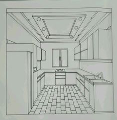 a drawing of a kitchen with tile flooring