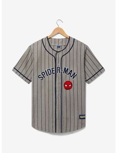 Marvel Spider-Man Striped Baseball Jersey - BoxLunch Exclusive Baseball Jersey Fashion, Jersey Outfit Men, Shortcake Aesthetic, Alt Clothes, Design Jersey, Marvel Comics Superheroes, T Shorts, Racing Jacket, Oakland Raiders