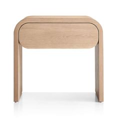 the side table is made from wood and has an open drawer on one end,