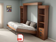 a bed sitting under a book shelf next to a window