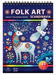 the folk art coloring book, featuring an image of a deer and bird with stars on it