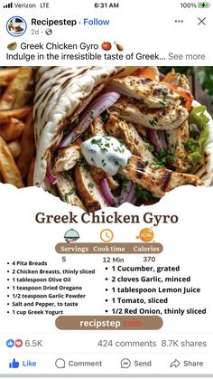 an ad for greek chicken gyro is shown on the facebook page, with information about it