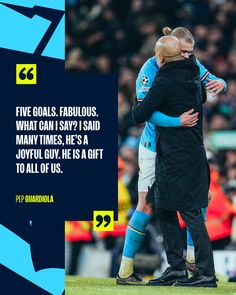 two soccer players hugging each other on the field with a quote from pep guardiola