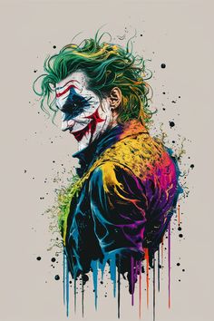 the joker with green hair and colorful paint splattered on it's face