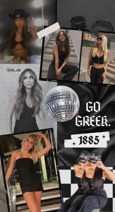 a collage of photos with the words go greek, and images of women in black dresses