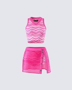 Leave them speechless when you walk in wearing this fit 🍬 Featuring a pink zig zag knit top, matching booty shorts, and a pink sequin mini skirt - this full three-piece set is the pop of pink you have been waiting for 💅 Pink Outfit Skirt, Sabrina Carpenter Fashion, Polyvore Outfits Aesthetic, Pink Two Piece Outfit, Dress Reference, Concert Vibes, Two Piece Outfits Shorts, 1989 Tour, Future Of Fashion