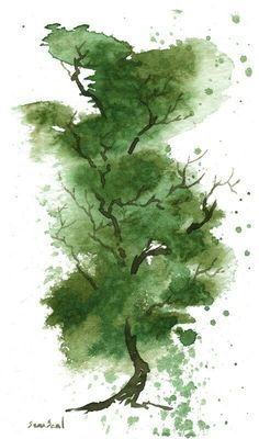 a watercolor painting of a tree with green leaves