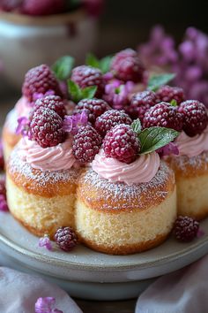 raspberry shortcakes with powdered sugar and fresh berries on the top