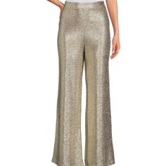 Nwt Skies Are Blue Metallic Foil Pant. Wide Leg, Flat Front. Champagne Color Holiday Stretch Wide Leg Bottoms, Glamorous Wide Leg Workwear Bottoms, Glamorous Wide Leg Bottoms For Workwear, Fitted Holiday Trousers, Glamorous Wide Leg Workwear Pants, Glamorous Wide Leg Bottoms For Holiday, Glamorous Formal Straight Leg Bottoms, Glamorous Wide Leg Holiday Pants, Glamorous Wide Leg Pants For Work