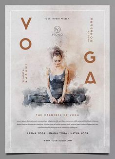 the yoga flyer is designed to look like it has watercolor paint on it and features an image of a woman doing yoga