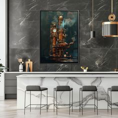 a kitchen with marble counter tops and stools next to a bar area that has an art work on the wall