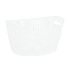 a white laundry basket with handles on the front and bottom, against a white background