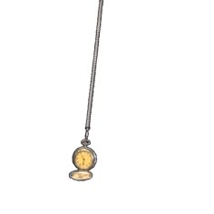 a yellow clock hanging from a chain on a white background