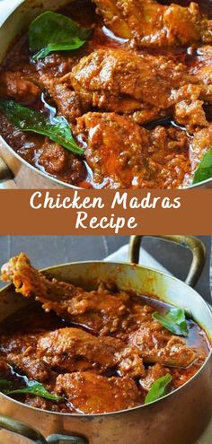 chicken madaras recipe in a pan with green leaves on top and the title above it