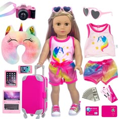 the doll is wearing pink and has accessories for her to carry on her back, including a unicorn - themed outfit