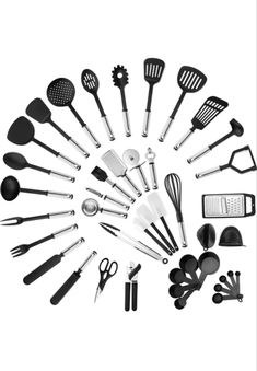 an assortment of kitchen utensils arranged in a circle