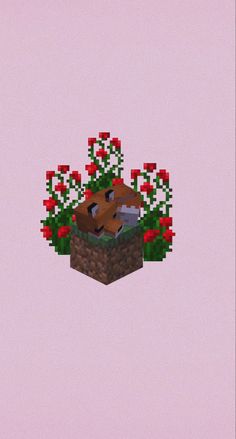 an animal in a flower pot made out of lego blocks on a pink background with red flowers