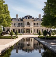 a large white house with two horses standing in front of it and water running through the yard